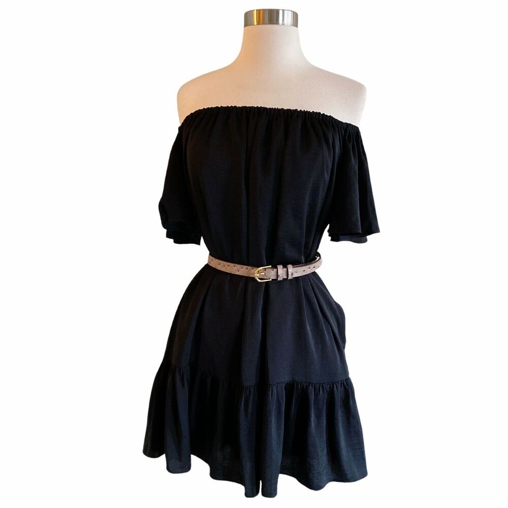 BANANA REPUBLIC Swing Shift Dress Satin Black Drop Shoulder Ruffle Hem XS Petite